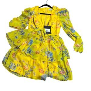 Mac Duggal   V-Neck Mini Dress Yellow Floral Print Chiffon Tiered Ruffle SIze 6